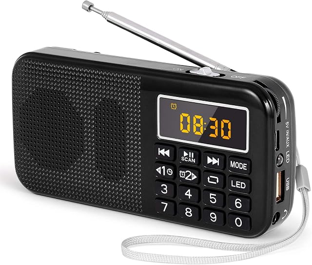 PRUNUS J-725 Rechargeable Radio Portable, FM Radio Alarm Clock, Small Radio with 3000mAh Rechargeable Battery. Battery Operated Radio Digital support SD USB MP3 AUX Player and Emergency Flashlight.