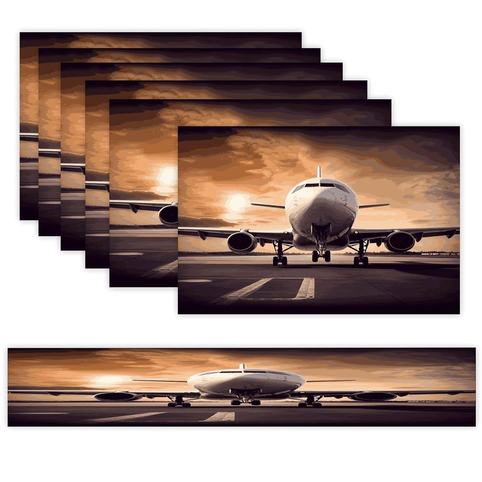 Airplane Table Runner and Placemats Set of 6 Wipe Clean Heat Resistant Table Mat with Table Runner Decorations Flax Linen Place Mat Set for Home Kitchen Party Supplies