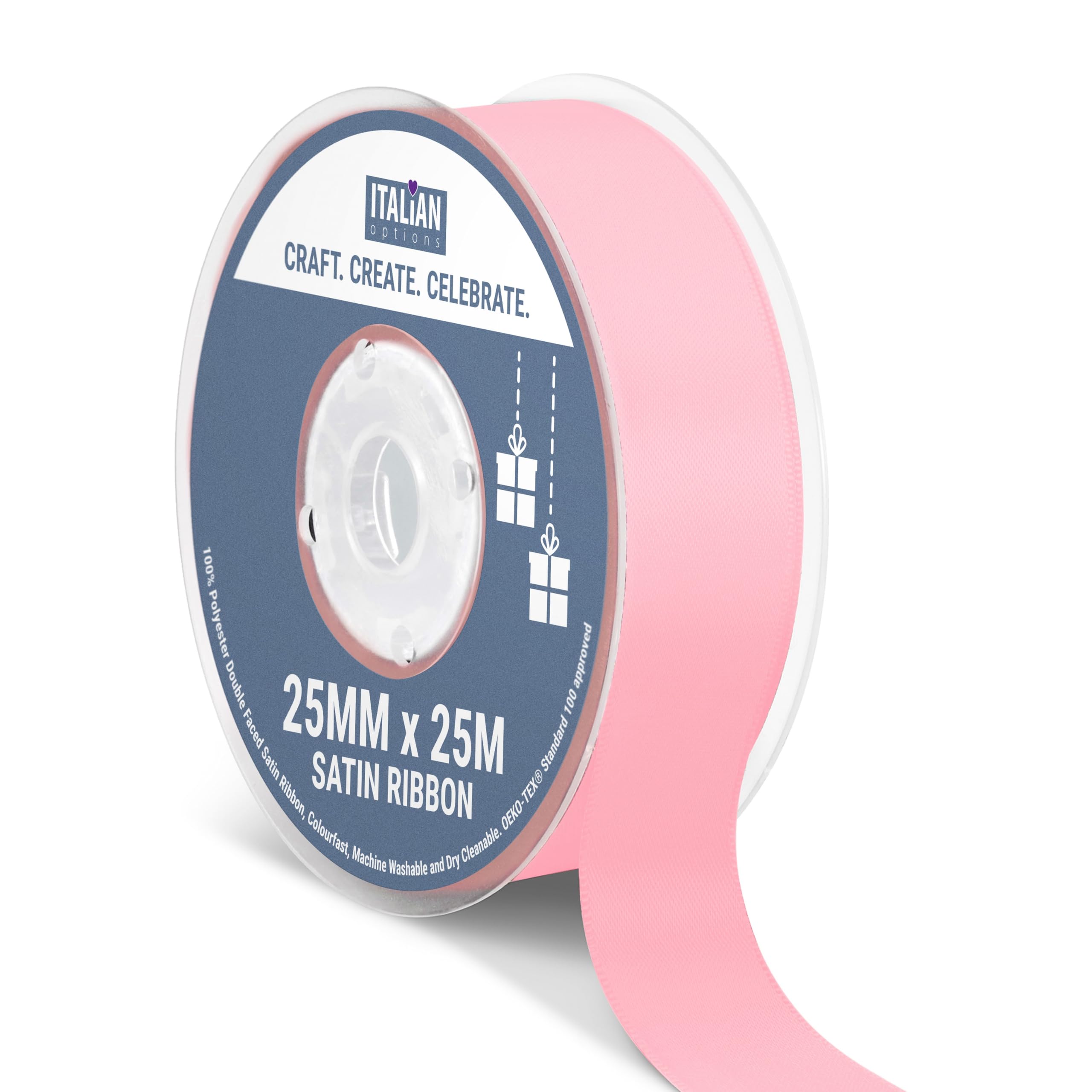 Italian Options Satin Ribbon, Fabric Ribbons for Gift Wrapping, Crafting, Balloons, Wedding Car, Presents, Cake, Christmas, Birthday, Gift Wrap Accessories, 25mm Wide x 25 Metre Roll, Pink
