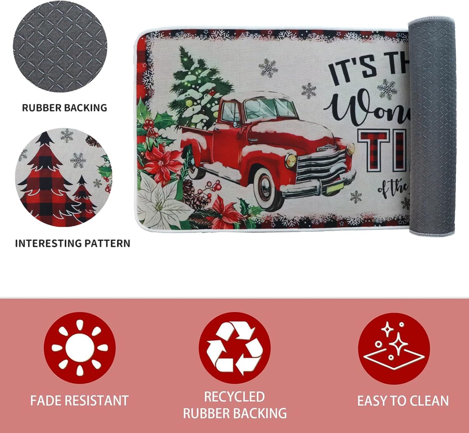 Christmas Kitchen Rugs and Mats Set of 2, Farmhouse Truck Tree Christmas Decorations, Winter Home Decor Non-Slip Washable Kitchen Rugs for Floor Indoor Bathroom, 17" x27+17" x47