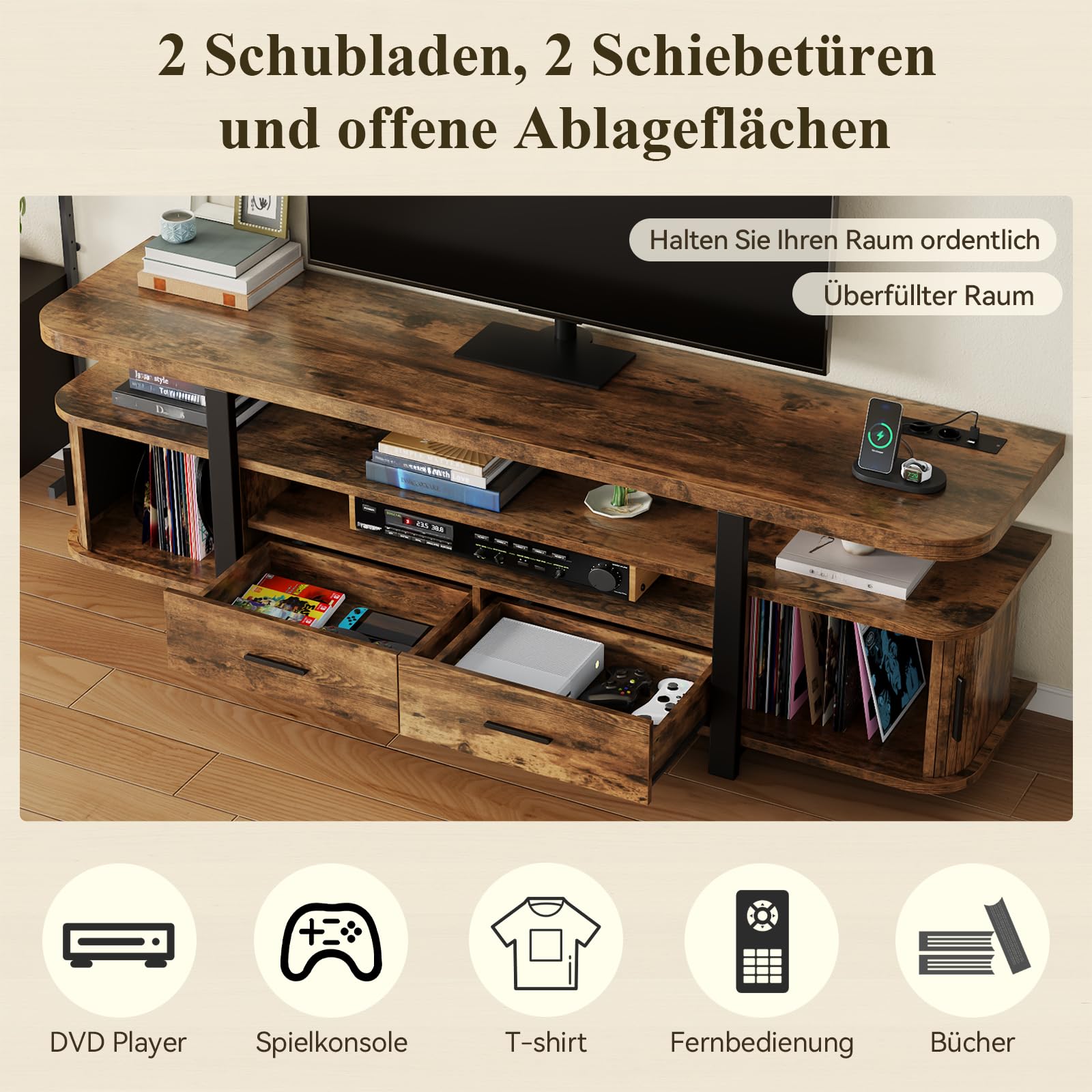 TV-Schrank,166cm TV Lowboard mit 2 Schiebetüren und 2 Schubladen,Fernsehschrank für TVs bis 70 Zoll,Fernsehtisch mit integriertes Kabelmanagement,TV Board,Fernsehschrank für Wohnzimmer,Vintagebraun