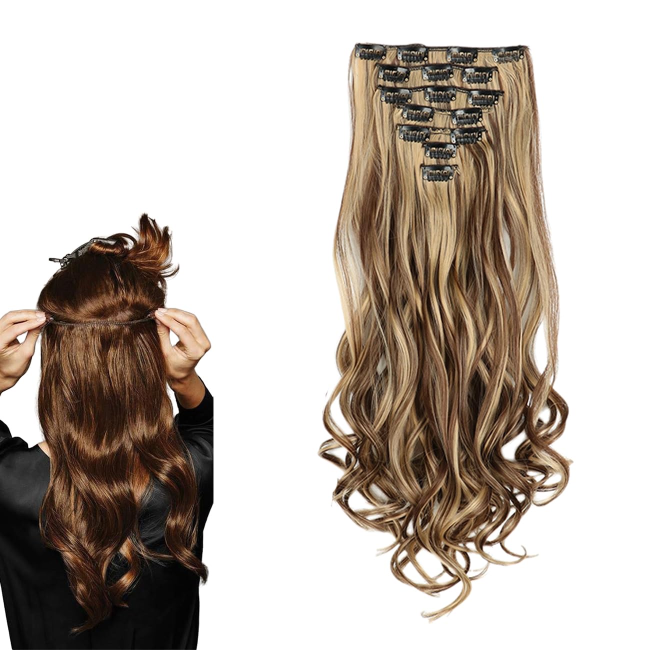 prinfantasy 22 Inch Long Ash Blonde with Dark Brown Clip in Hair Extensions Hairpiece for Cosplay Wedding Party Special Occasions Curly Dark Brown Mix Ash Blonde, MW082