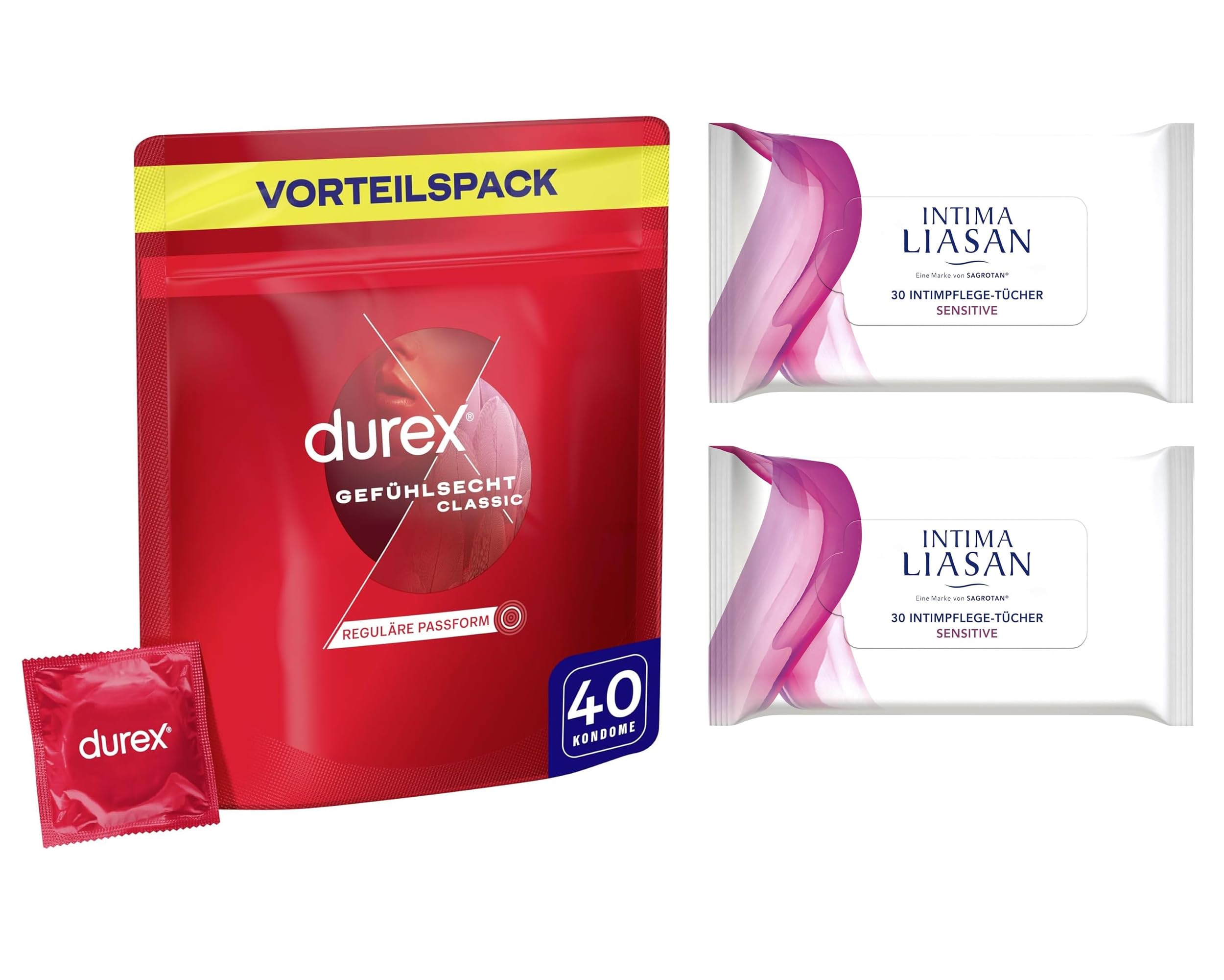 Durex Gefühlsecht Kondome, hauchzartes Kondom für intensives Empfinden, 40 Stück + Sagrotan Intima Liasan Pflegetücher 60 Stück