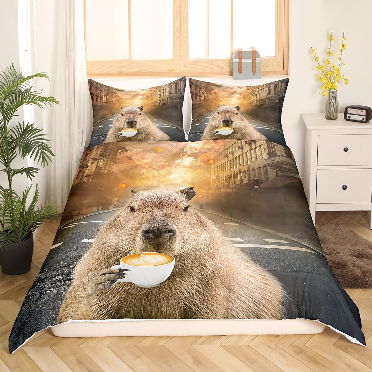 Homewish Capybara Bedding Set Funny Animal with Coffee Duvet Cover for Toddlers Kids Boys Girls Bedroom Cute Rodent Capybara Comforter Cover Lightweight Soft Microfiber Quilt Cover - Image 2
