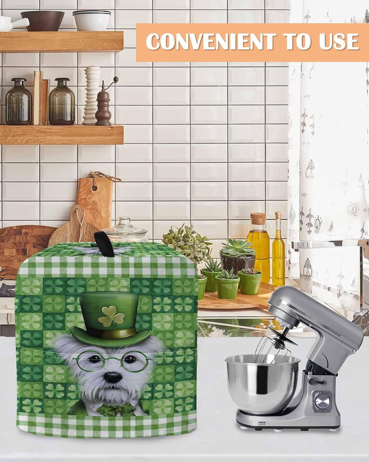 St. Patrick's Day Stand Mixer Cover with Storage Pocket, Waterproof Kitchen Mixer Covers, Spring Lucky Shamrock Cute Puppy Green Plaid Kitchen Appliance Dust Cover Compatible with 6-9 Quart Mixers