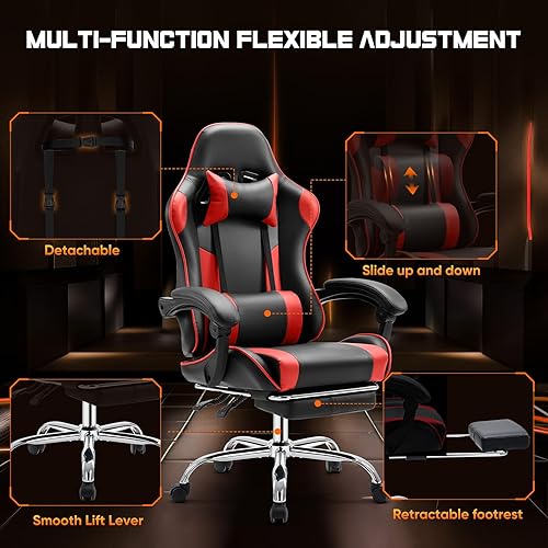Miniatura 6 de Sweetcrispy Silla de escritorio para videojuegos, ergonómica para computadora con reposapiés y cómodo soporte lumbar, reclinable de piel sintética