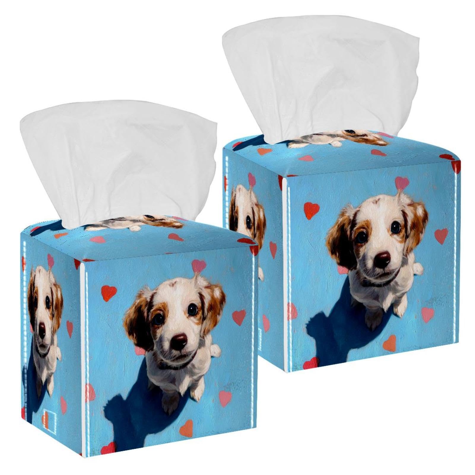 Love Heart and Dog Tissue Box Cover, 2 Pack PU Leather Square Facial Tissue Dispenser Box holder for Home Office Car