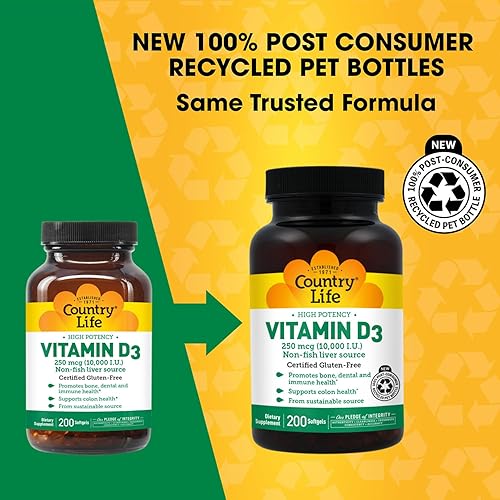 Vista 3 de Country Life Vitamina D3 10,000 UI – Fuente de alta potencia sin pescado – Apoyo óseo e inmunológico – Certificado sin gluten – 200 cápsulas blandas