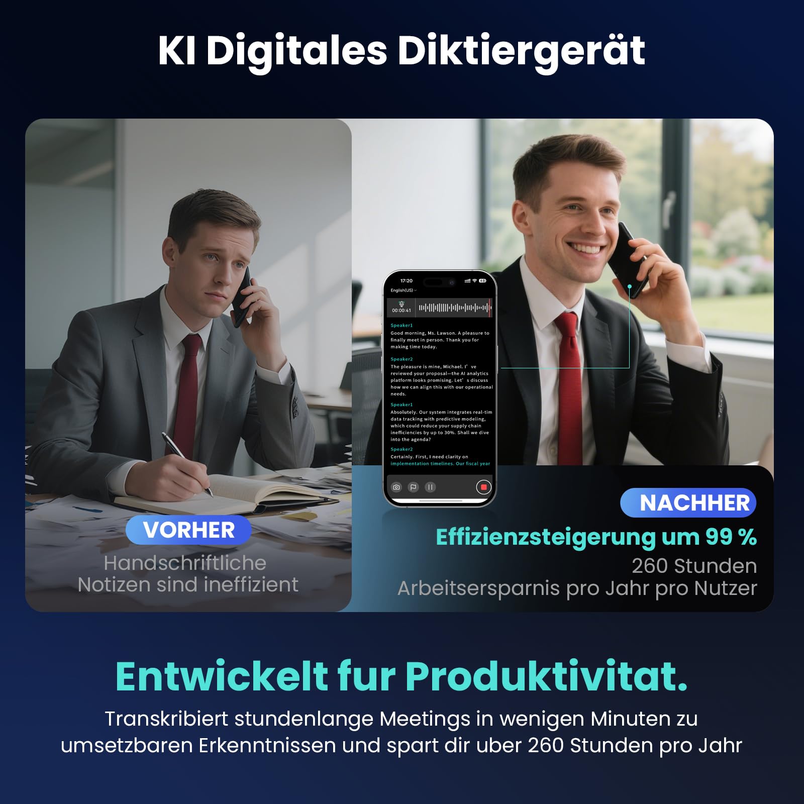 KI Digitales Diktiergerät Mit Hülle,64GB Aufnahmegerät Mit KI Transkription & Zusammenfassung,Tragbar Voice Recorder Unterstützt 134 Sprachen,Mini-OLED-Display,Diktiergerät Für Vorlesungen/Meetings