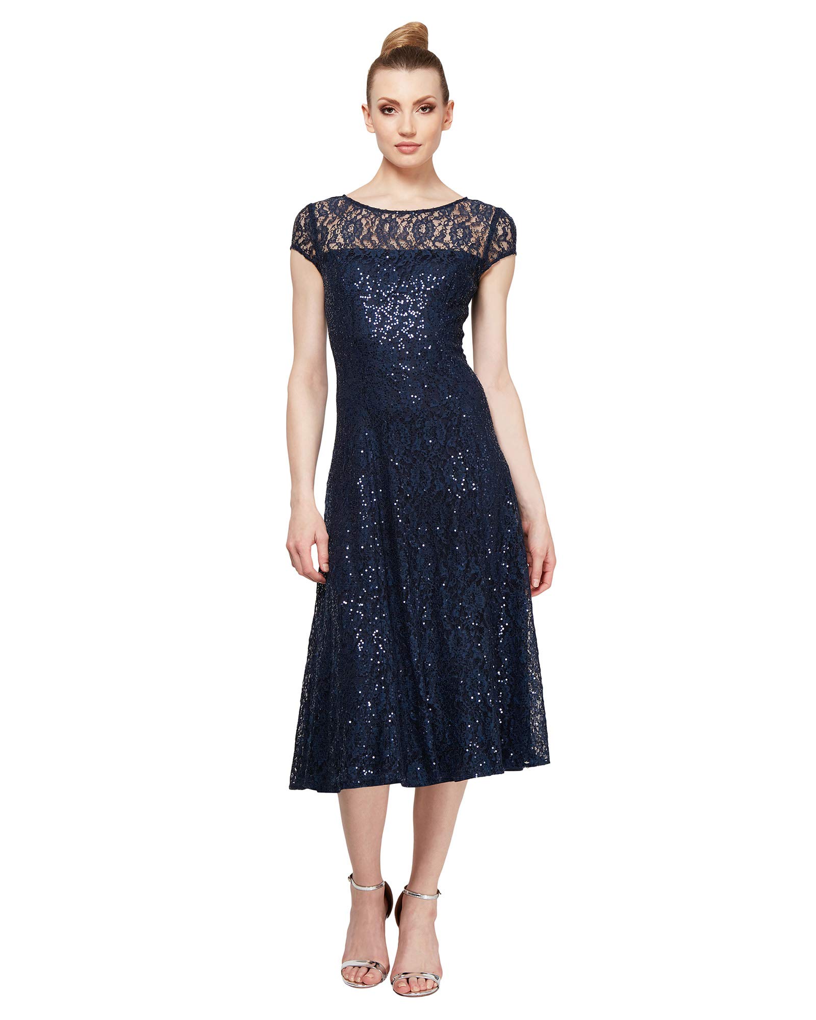S.l. Fashions Women's Navy Sequin Fit And Flare Special Occasion Dress, 16/Petite