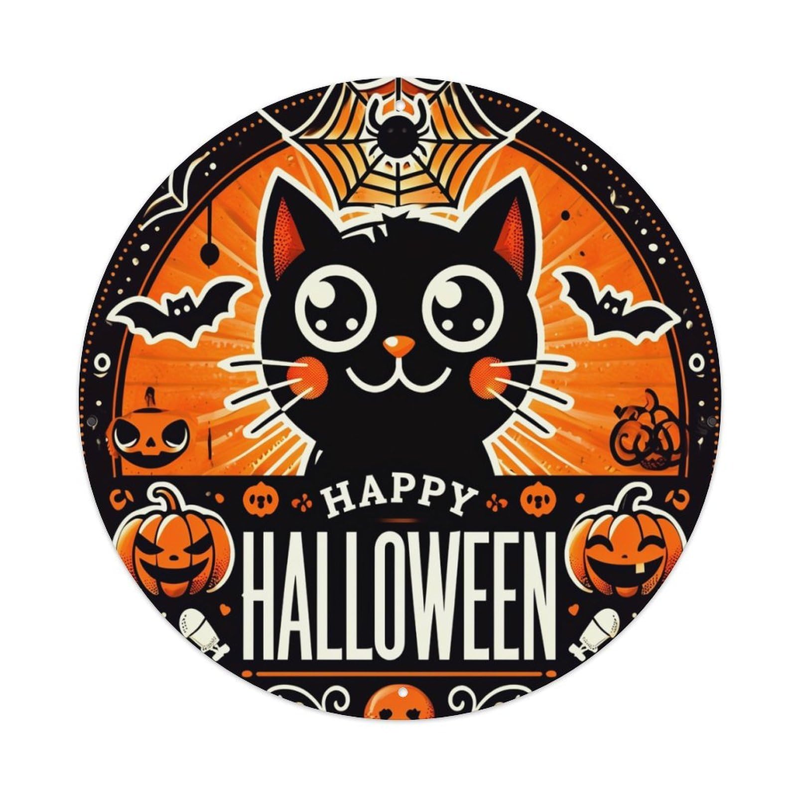 Black Cat Pumpkin Bats Spiderweb Retro Metal Sign Round Tin Sign, Vintage Decor Art Poster for Bar, Home, Man Cave, Kitchen, Laundry Room Gift 8x8Inch