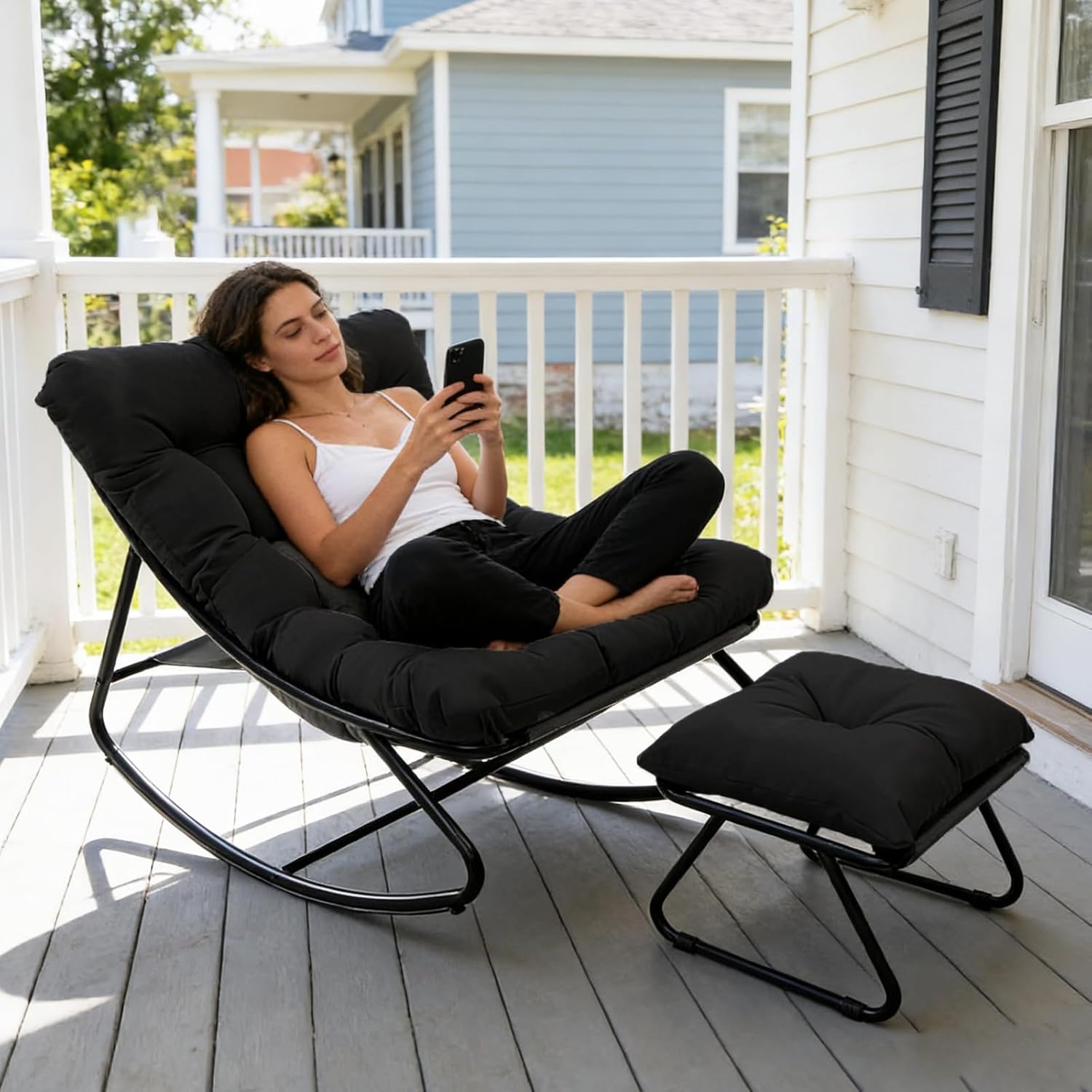 OPLukAS Rocking Chair with Foot Rest, Indoor Rocking Chair, Comfy Rocking Chairs with Thick Cushion and Frame, Mecedora for Outside Porch Patio Backyard Balcony Bedroom Offices (Black)