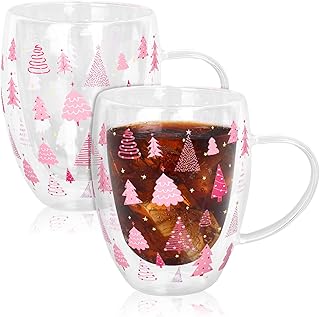 Christmas Double Wall Glass Coffee Mugs 12oz Cute Pink Xmas Tree Insulated Glasses Clear Espresso Cups with Handle for Home Holiday Supplies, Set of 2