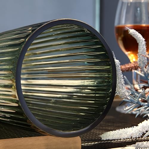 Miniatura 2 de Florero cilíndrico pequeño de cristal verde acanalado para decoración de centros de mesa de comedor de granja