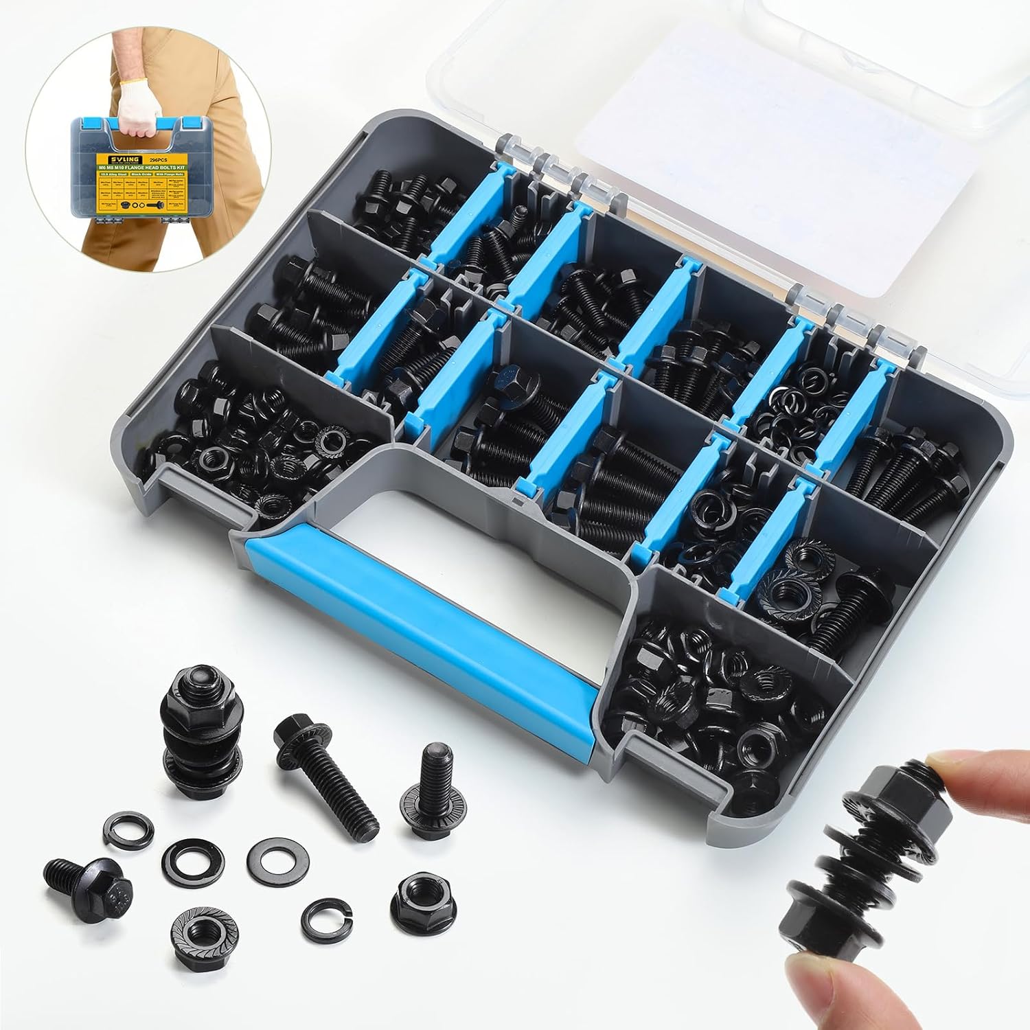 Metric Flange Bolt Assortment,296Pcs M6x1.0,M8x1.25 M10x1.5,Hex Bolts and Nuts Washers Kit,10.9 Alloy Steel Black Zinc Plated(12mm to 30mm)
