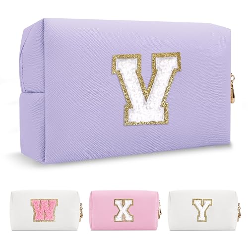 Miniatura 116 de Bolsa de maquillaje personalizada con inicial A-Z Preppy Patch, pequeña bolsa de cosméticos de PU con letra de chenilla y cierre para niñas Negro