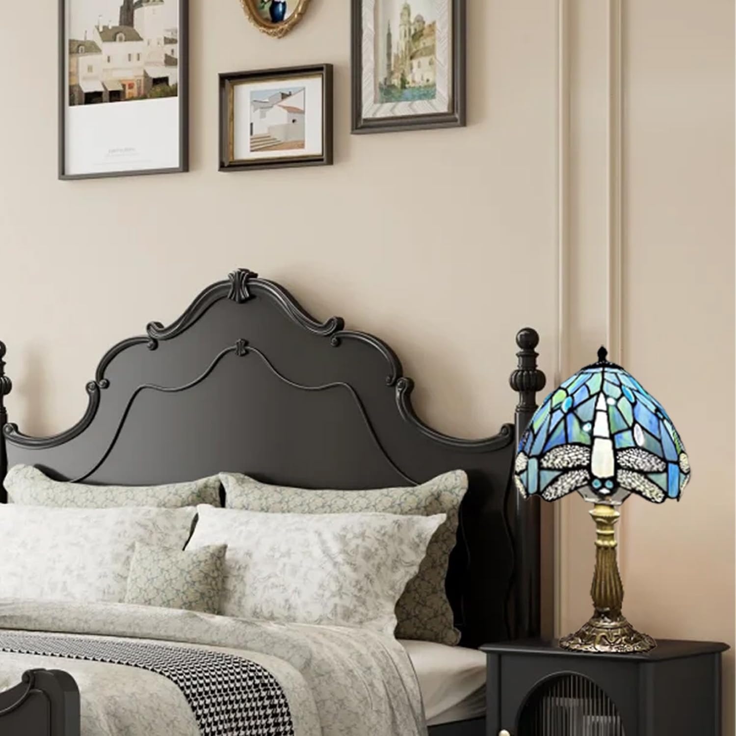 Ceeya Tiffany Style Table Lamp 8 inches Sea Blue Dragonfly Stained Glass Antique Decorative Desk Lamp for Bedroom,Living Room,Study Room,Office(Including LED Bulbs)