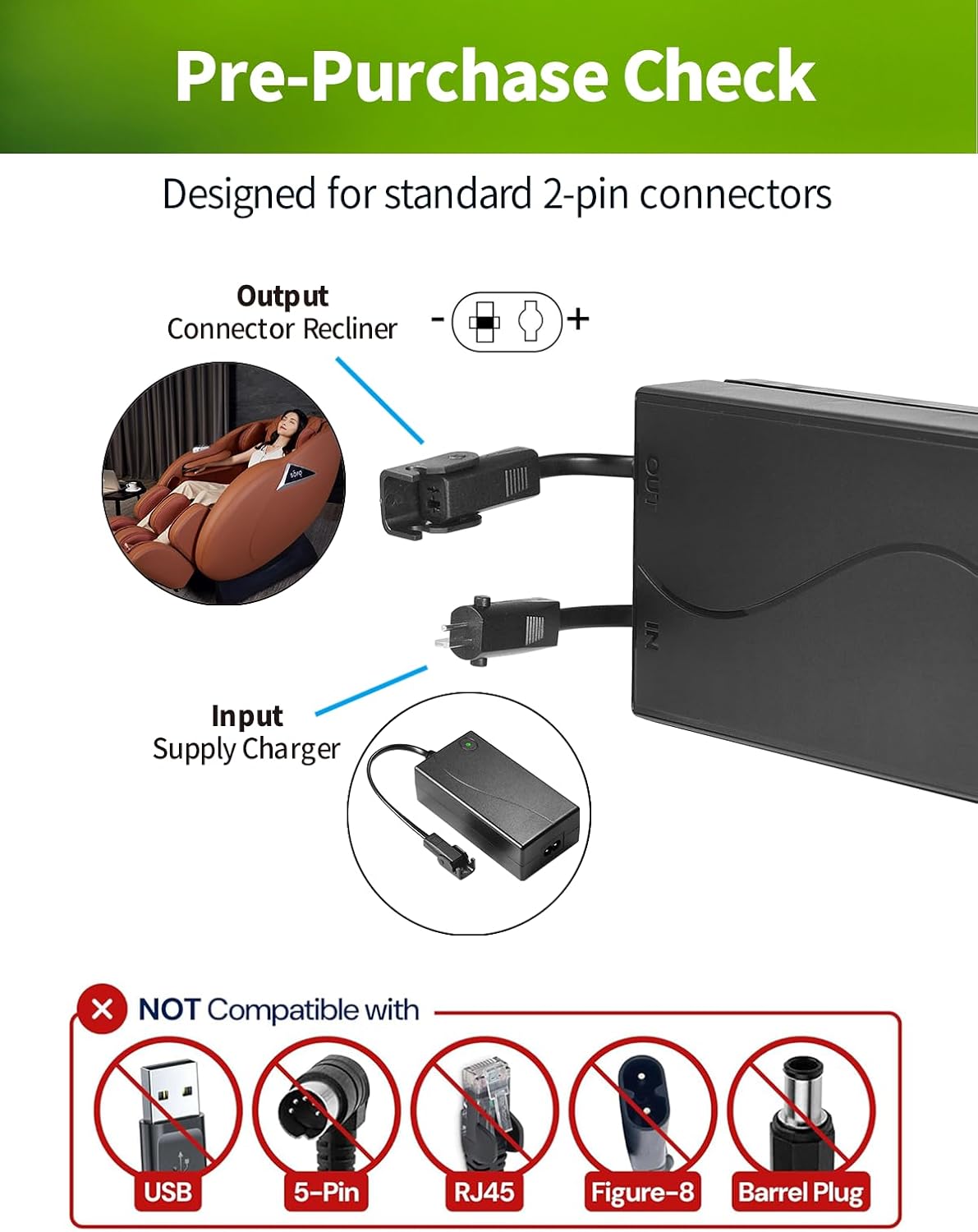 LONNKY Battery Pack for Reclining Furniture, 2500mAh Universal Wireless Power Recliner Battery Rechargeable with 2-Pin Electric Cord for Electric Recliner, Lift Chairs, Sofas