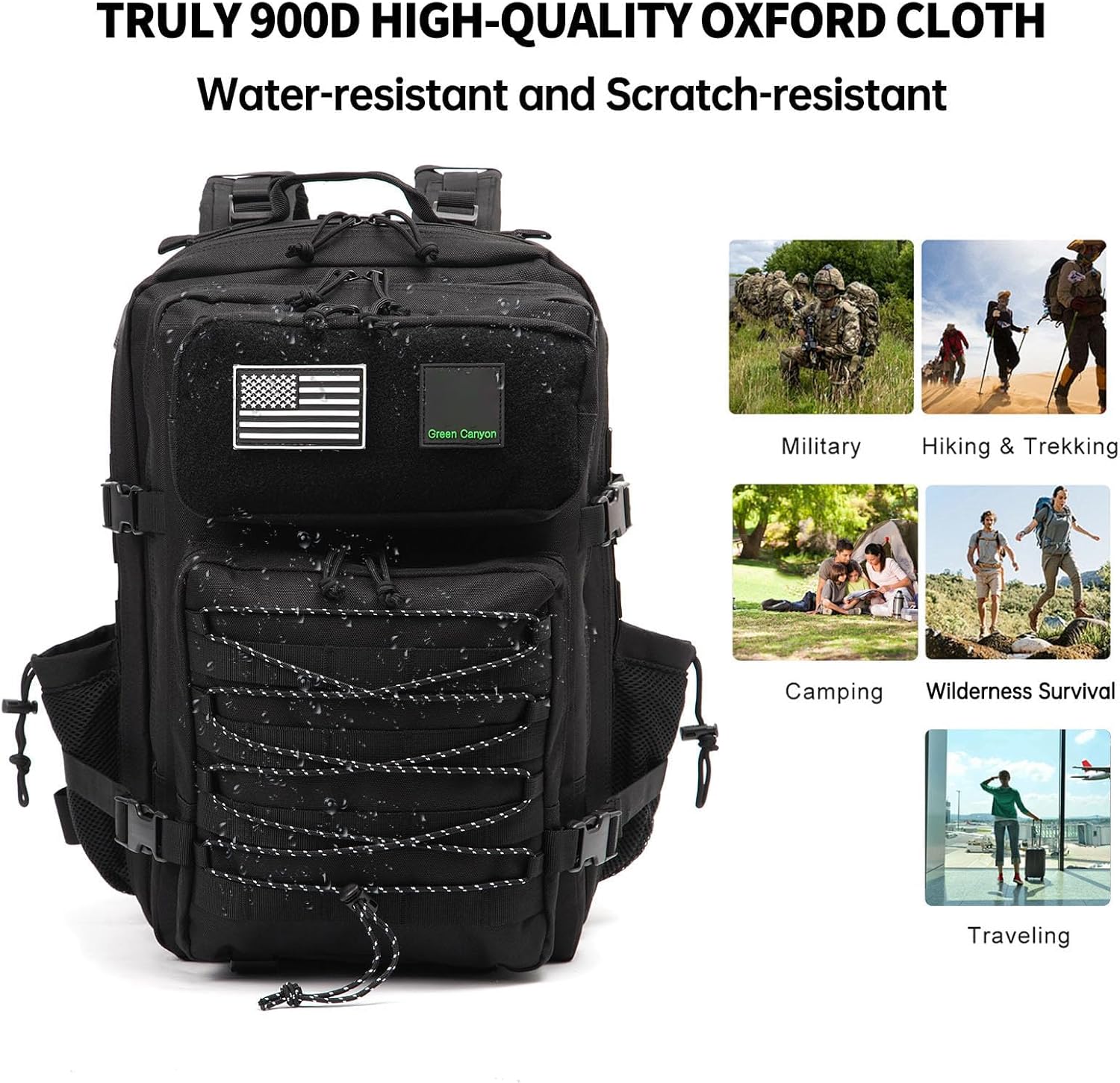 Green Canyon 45L Tactical Assault Backpack with Molle and Charging Port, Water Resistant Military Backpack for Men Women Hiking Rucksack 3 Day Bug Out Bag, Black