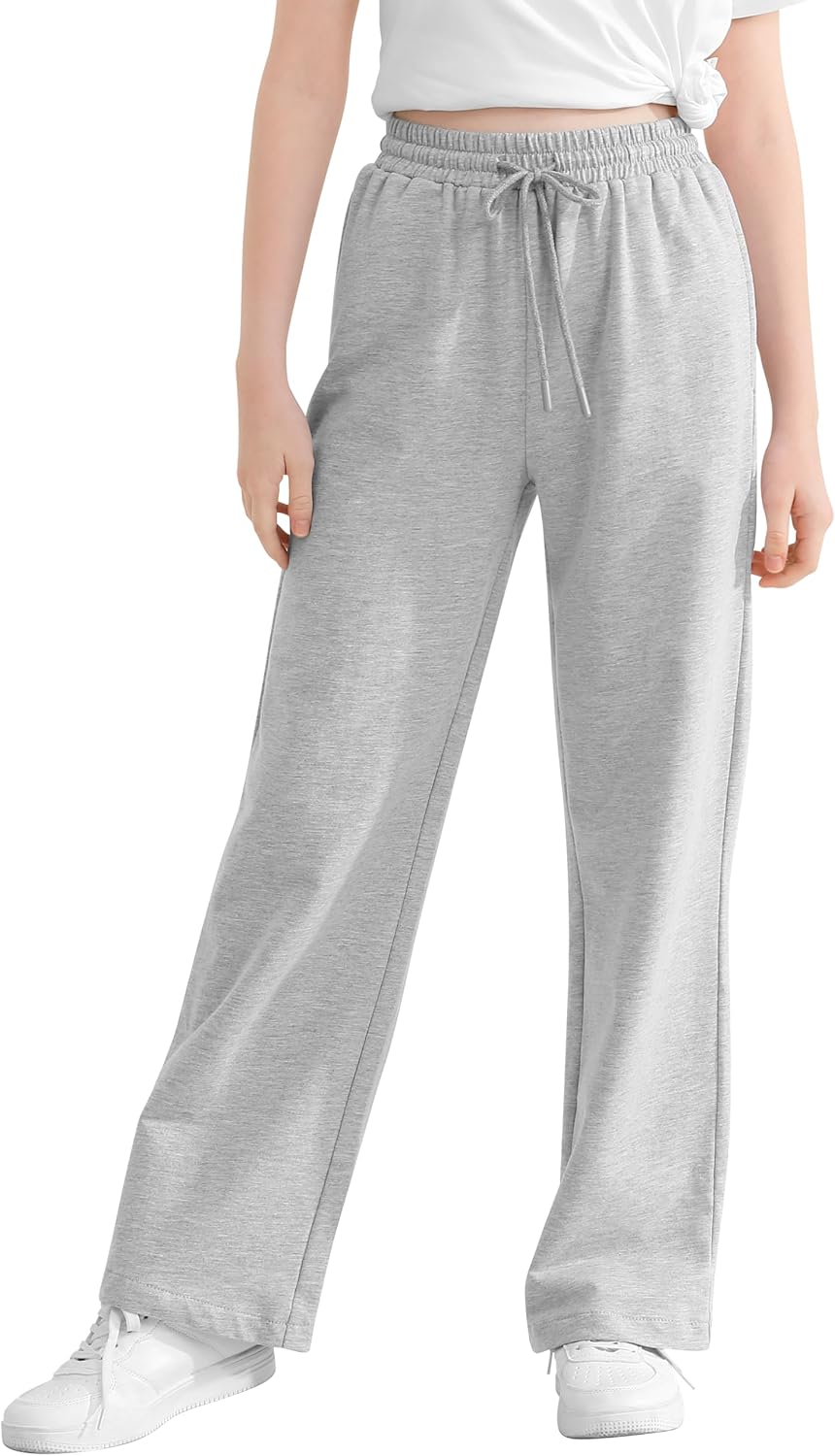 Girls Cotton Sweatpants Wide Leg Baggy Athletic Jogger Pants with Pockets Drawstring for Kids Teens 7-16Y