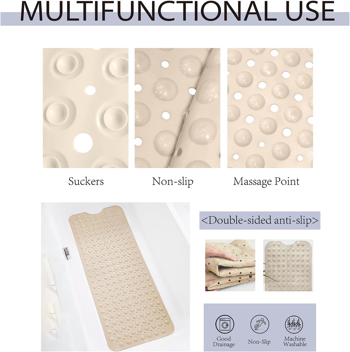 Non-Slip Bath Tub Mat, Extra Large 40x16 Inch Shower Mat with Suction Cups & Drain Holes, Quick Dry Soft Mat for Bathroom Floor Safety, Bubble Style, Khaki