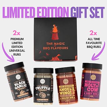 Premium BBQ Rub Gift Set - Holy Cow, Angel’s Wings, Black Garlic, Truffle Infusion BBQ Rubs | Pack of 4 | 100% Natural | Spice Gift For Foodie