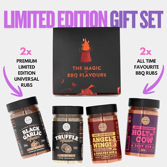 Premium BBQ Rub Gift Set - Holy Cow, Angel’s Wings, Black Garlic, Truffle Infusion BBQ Rubs | Pack of 4 | 100% Natural | Spice Gift For Foodie