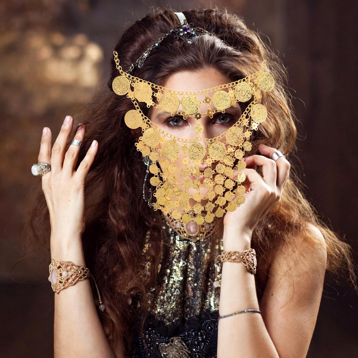 Golden Alloy Belly Performance Veil Mask for Women Halloween Stage | Arabian Tribal Theme, Handcrafted Artistry with Breathable Quick-wear Structure, for Hobbyists and Costume Styling