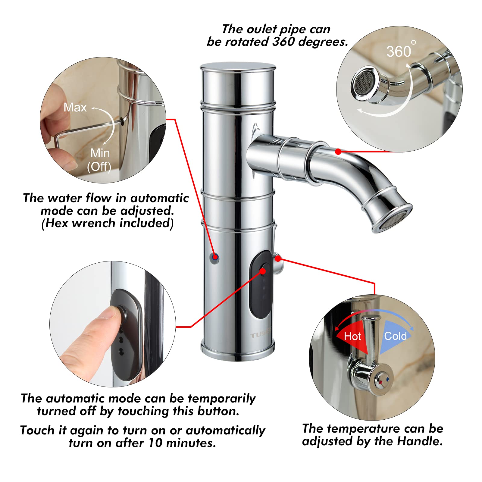 Grifo integrado manual y automático, grifo de lavabo de baño sin contacto con tubo de salida giratorio, cromo, TS-5501C-S