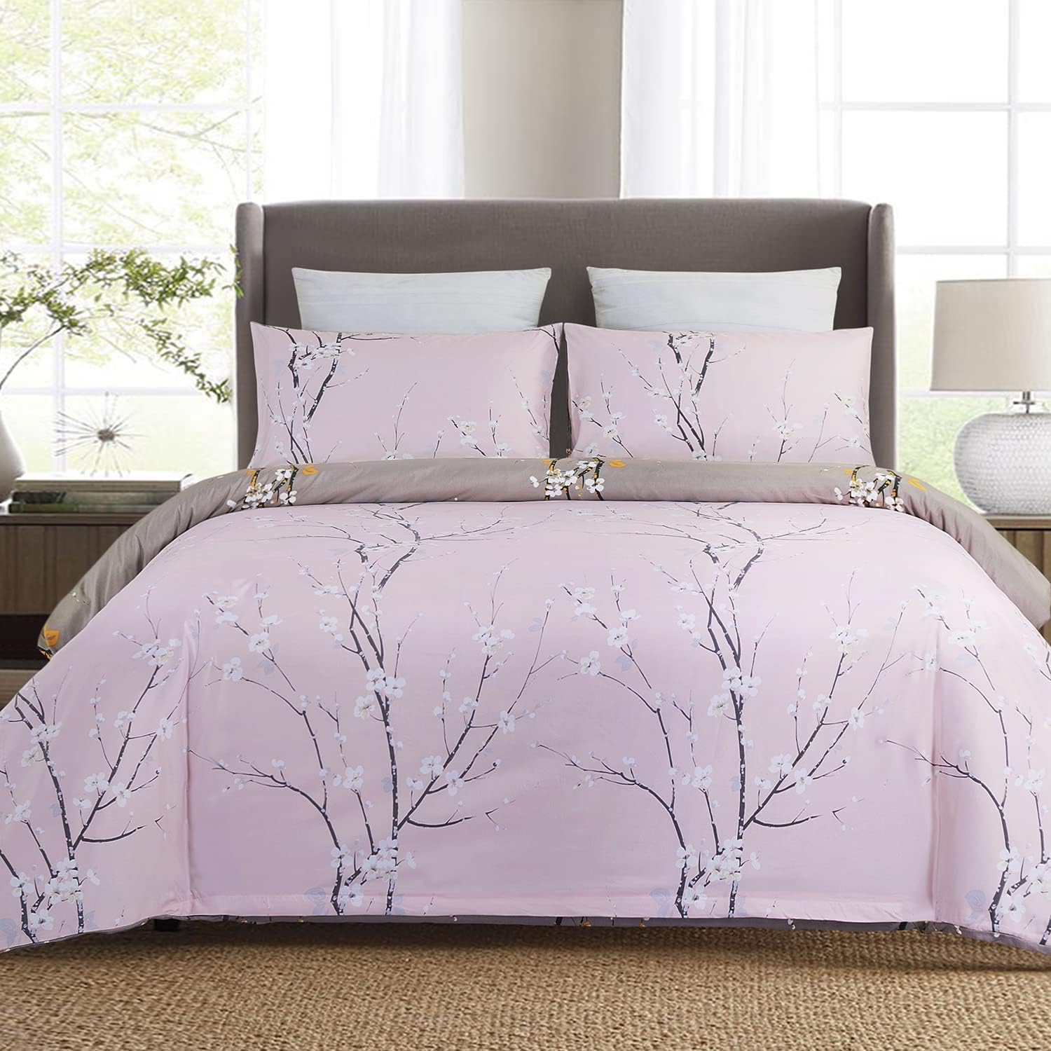 Soft Brushed Microfiber Duvet Cover Set with Zipper Closure and Corner Ties, Plum Blossom/Branch Floral Printed Pattern, Pink and Gray Color, Reversible Design, Queen Size(90x90 inches)