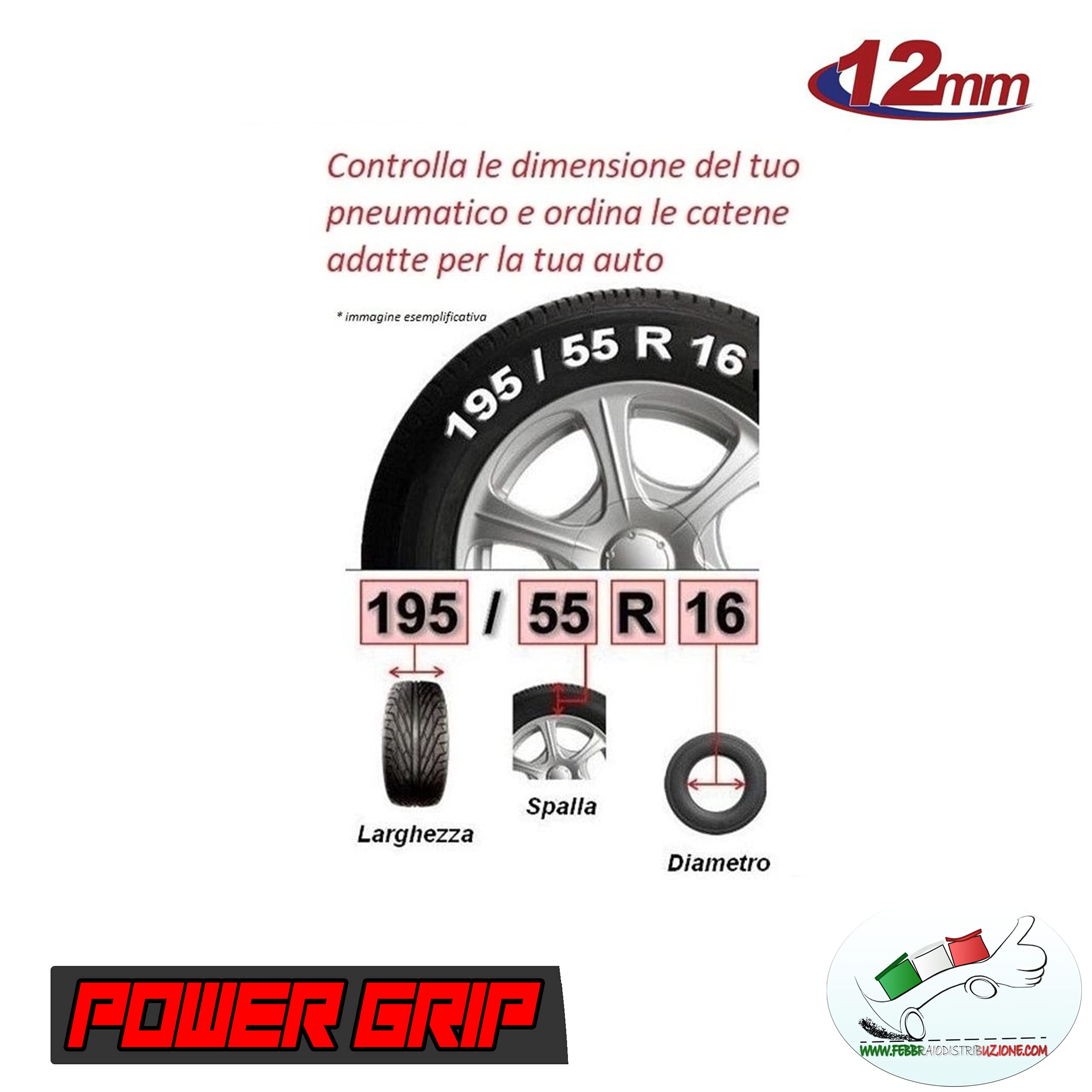 POWER GRIP Catene da Neve 12mm Omologate TÜV GS Gruppo 140 Lega di Acciaio con Tensore Auto-bloccante