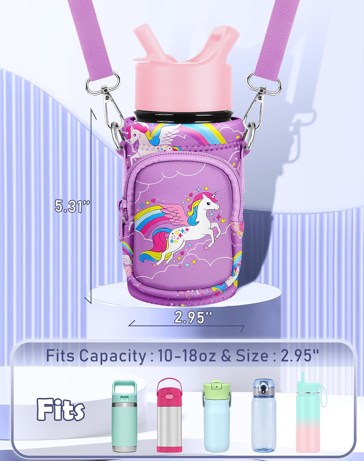 Water Bottle Carrier with Strap - Insulated Kids Water Bottle Holder for Boys Girls Bottle Bag for 10-18Oz - Image 2