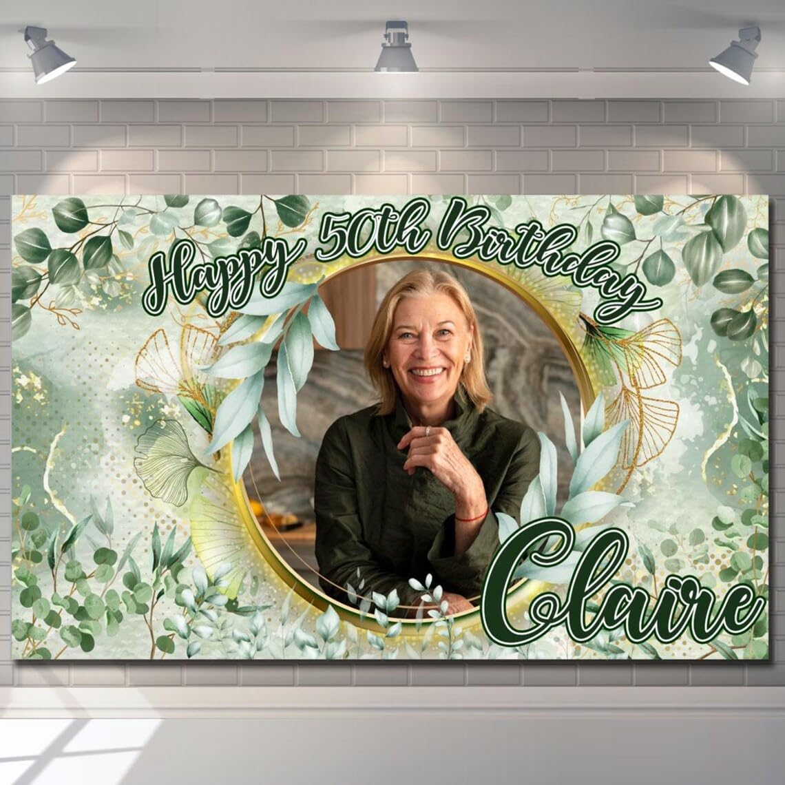 Personalised Happy Birthday Backdrop Background Banner Photo Green Gold Leaves Sign Poster Fabric Party Decorations poster gift girls children woman man