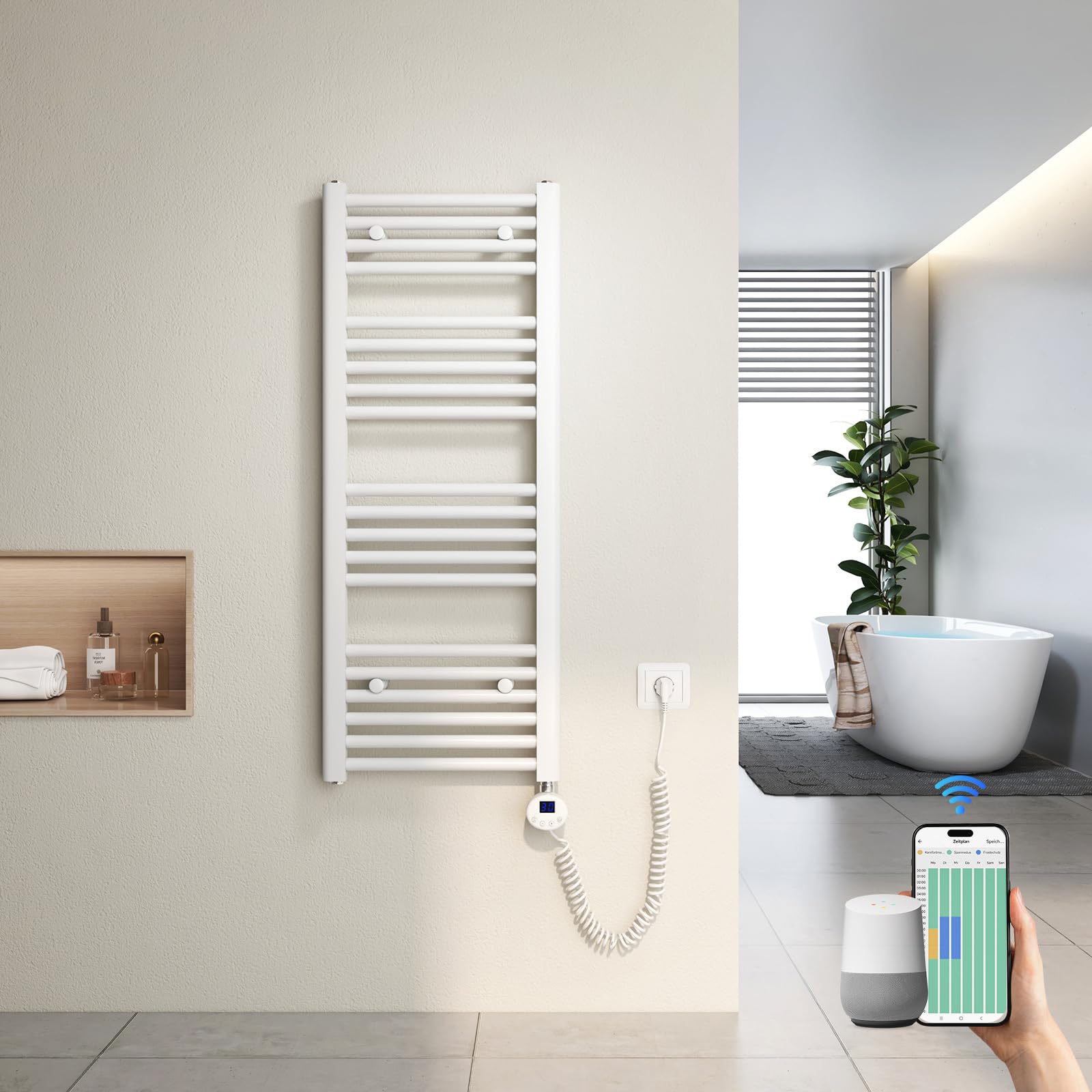 Heilmetz Radiador Toallero Eléctrico 100x40 cm con WiFi, Secatoallas Inteligente con Control por App Tuya, Termostato Programable y Temporizador, Blanco 300W