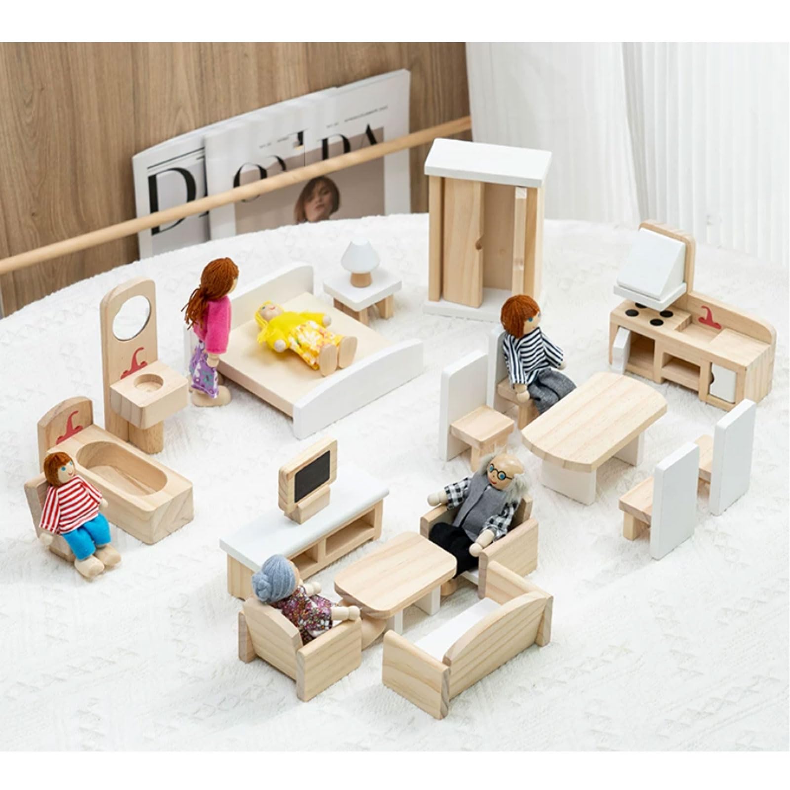 Drewniany zestaw mebli do domku dla lalek Montessori | Miniaturowe Akcesoria Meblowe do Domu Symulacyjnego, Zestaw Meblowy do Domku dla Lalek do Zabawy Ról