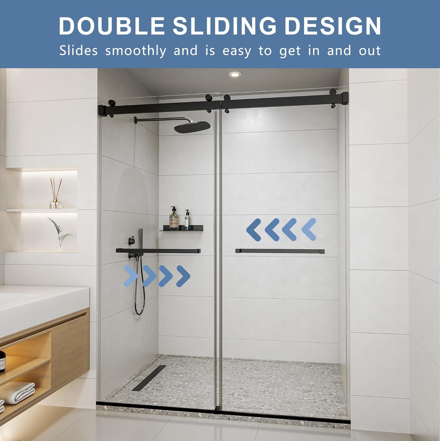 50-54" w x 76" h frameless shower door, double sliding glass shower door with 5/16" (8mm) clear sgcc tempered, roller disc system, 304 stainless steel (matte black, 50-54" w*76" h) matte black 50-54"w*76"h