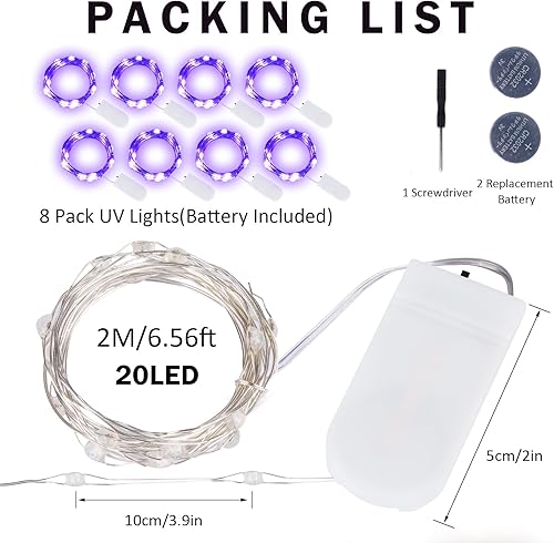 Miniatura 7 de Luces LED negras UV a pilas, paquete de 8 luces LED de 6.56 pies, 20 luces LED UV con cuentas flexibles de luz negra, luces moradas para tarro de