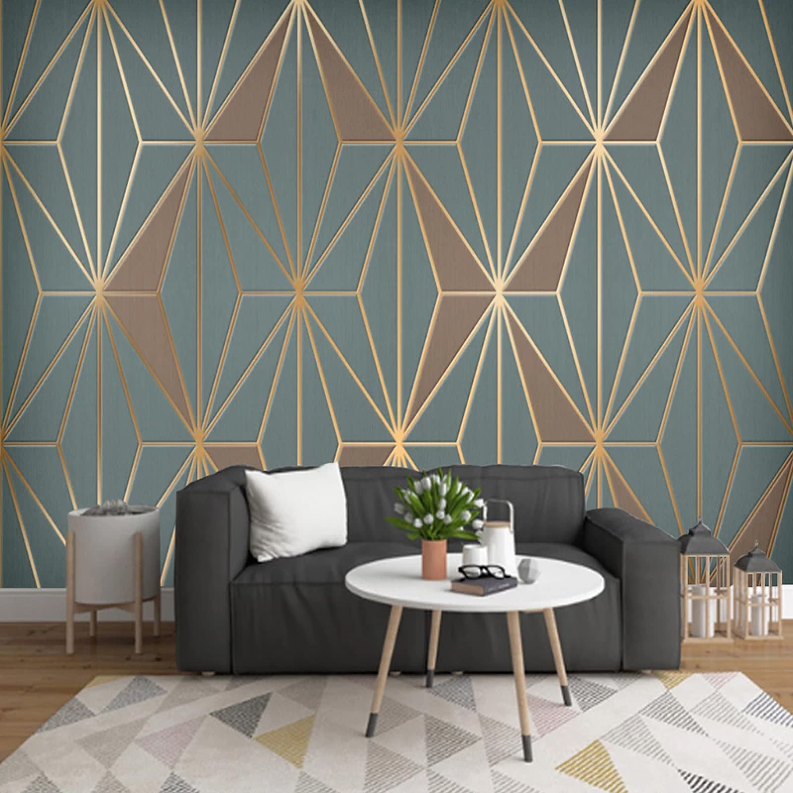 Papier peint géométrique lignes d'or 3D pour agrandir un salon moderne 250x175