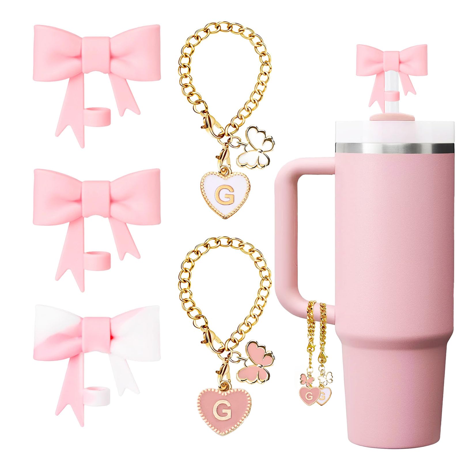 LUHOHI Pink Bow for Stanley Straw Topper- 3pcs Cute Cup Bow Straw Cover Silicone Cap 10mm with 2pcs Initial Letter Charms Name Id Personalized Accessories 40/30 Oz Tumbler Water Bottle Cups G