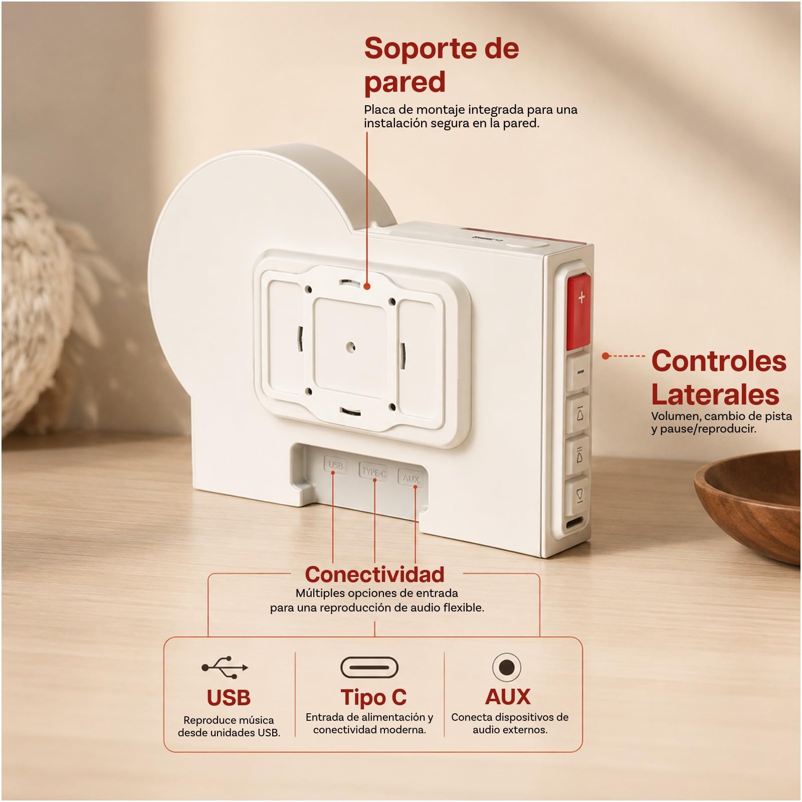Reproductor de CD Retro, Altavoces Integrados y Emisor Bluetooth de MMOBIEL | Montaje en Pared sin Taladrar, Portátil, Reproducción USB, Salida AUX, Mando a Distancia – 6W Power, 88Hz–20kHz & 4000 mAh