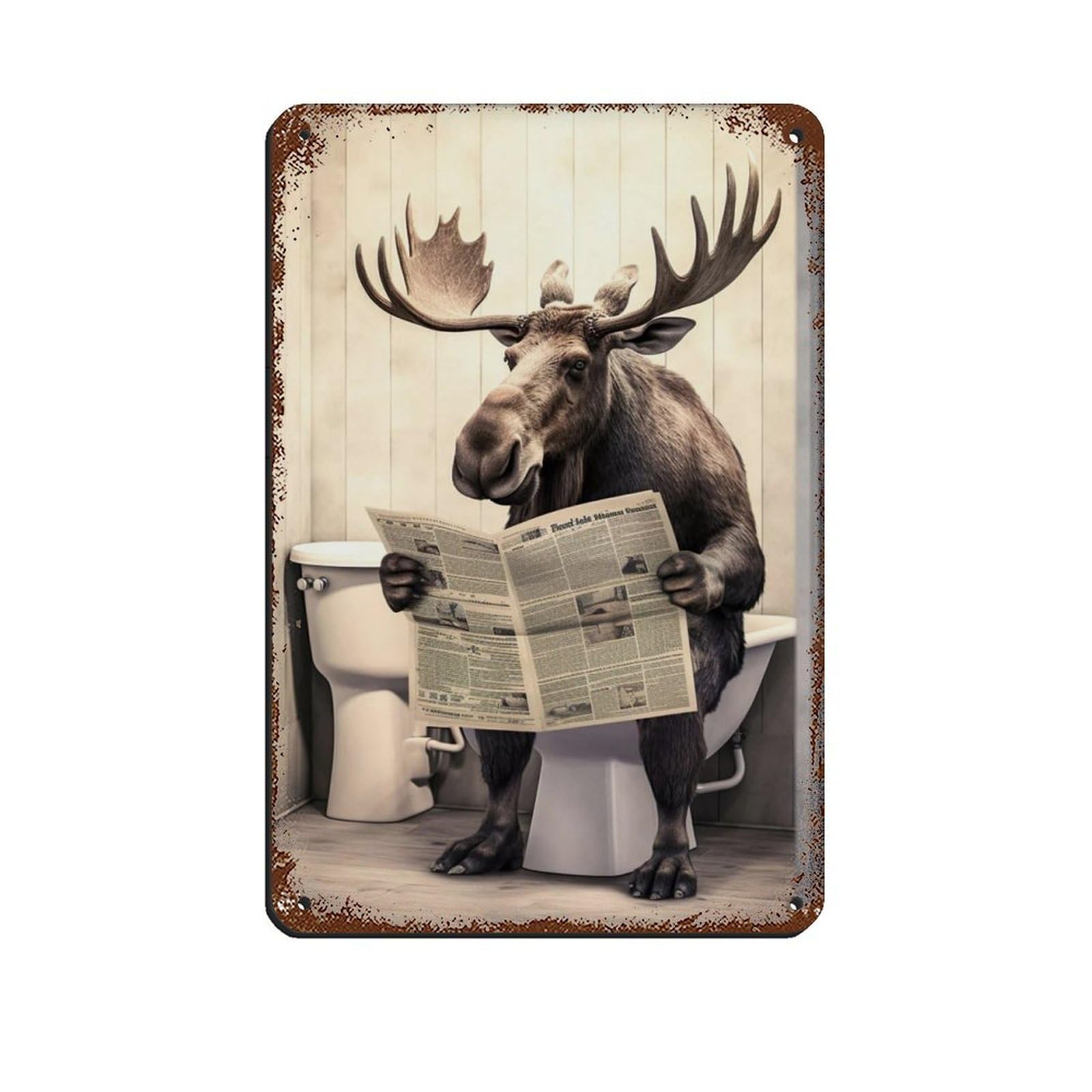 Lxwnze 20L X 30W Cm Moose Sitting On The Toilet Reading A Newspaper Tin Sign Vintage Metal Pub Club Cafe Bar Home Wall Art Decoration Poster Retro 8X12inch(20X30cm)