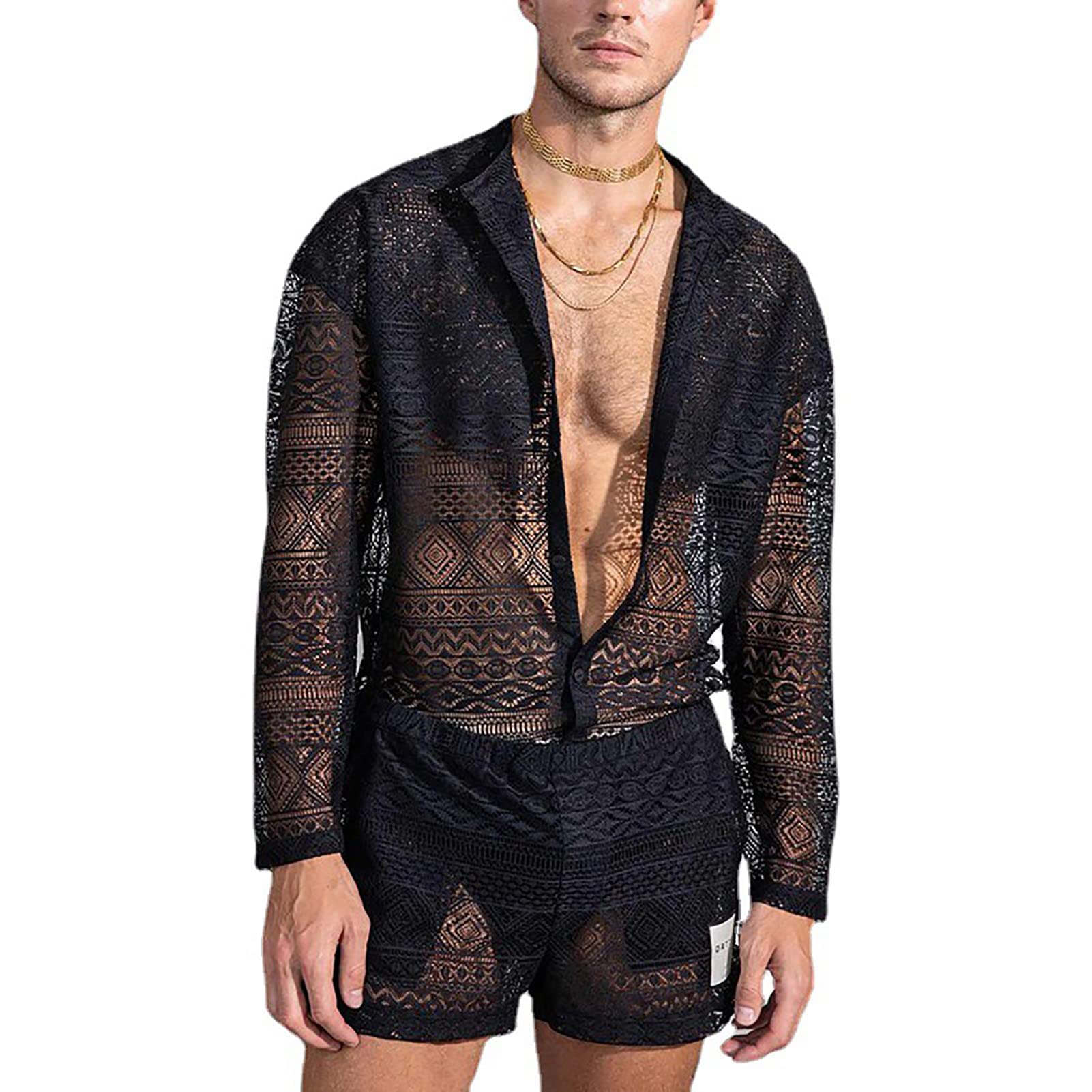 Akozon Camicia e Pantaloncini da Uomo a Maniche Lunghe in Pizzo