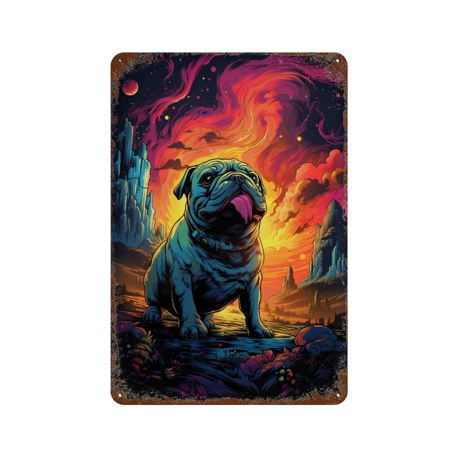 Fantasy Pug in Space Aged Metal Wall Plaque 11.8"x7.9", Rustic Home Decor for Garage, Pub Or Kitchen
