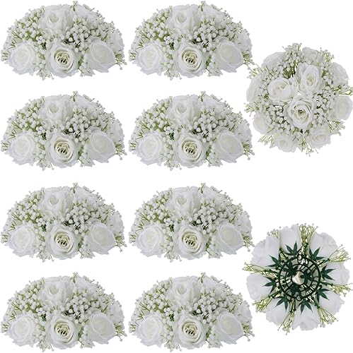 BLOSMON Flores artificiales Babys Breath 10 piezas de centro de mesa de bola de aliento de bebé de rosa blanca para mesa de boda, arreglo floral de