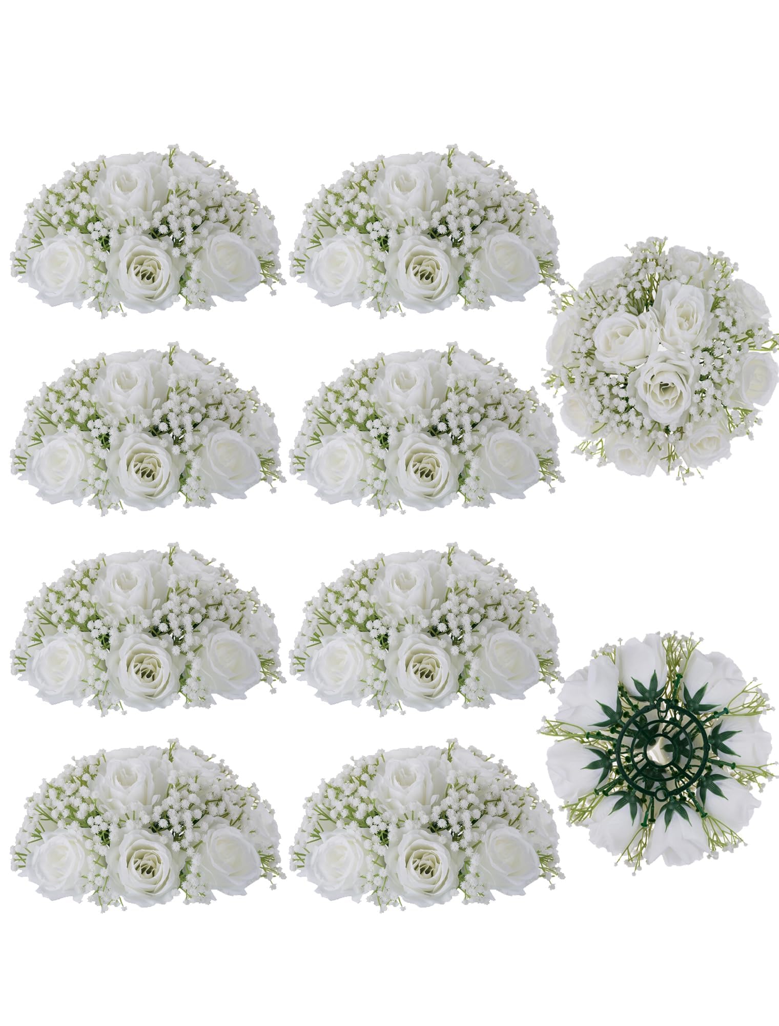 BLOSMON Babys Breath Artificial Flowers: 10 Pcs White Rose Baby Breath Ball Centerpieces for Wedding Table - Fake Silk Kissing Floral Arrangement for Home Party Event Decorations