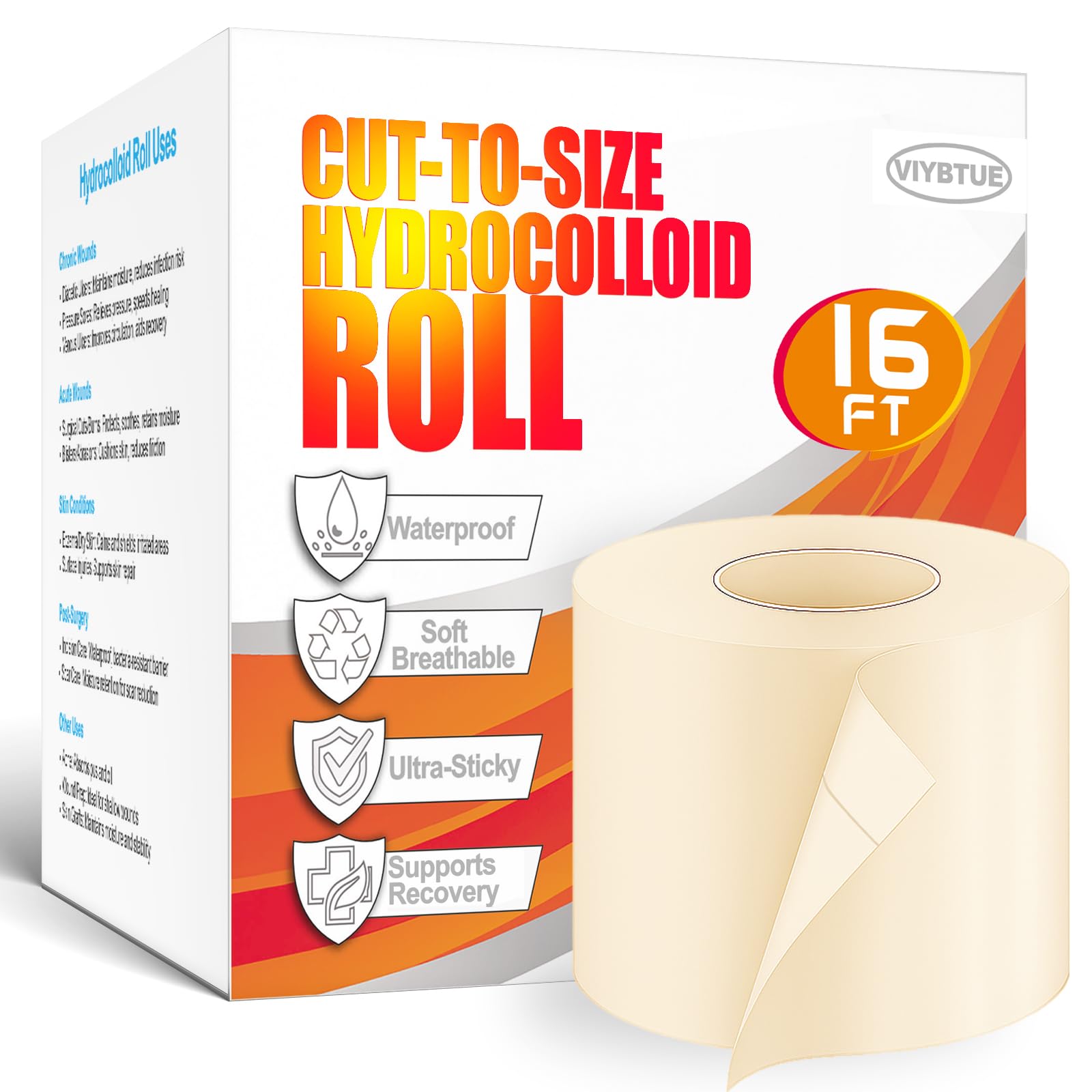Hydrocolloid Bandages 2in × 16ft – Hydrocolloid Roll, Hydrocolloid Tape & Hydrocolloid Patch for Wound Care, Blister Bandages for Feet & Heels, Waterproof & Cut-to-Size