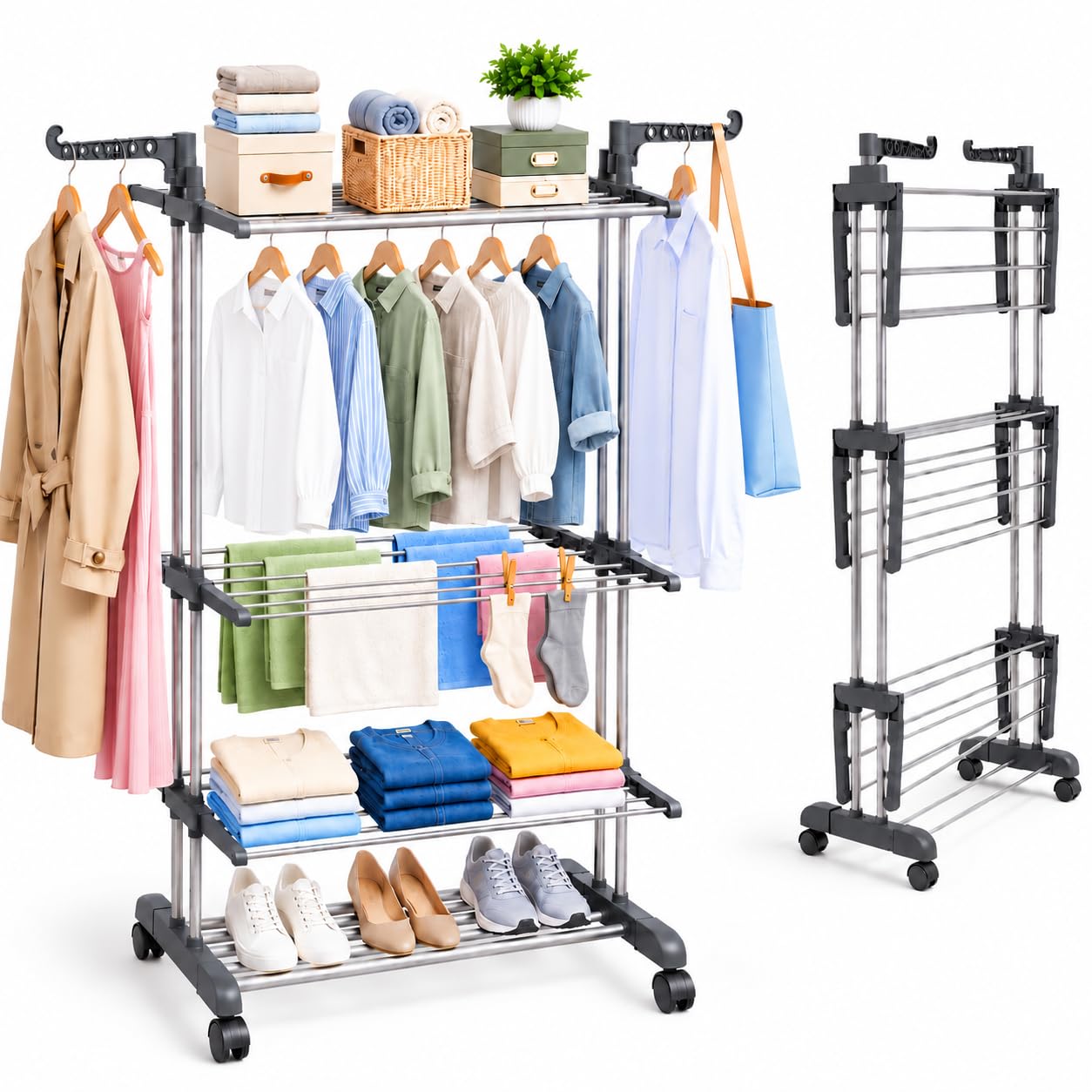 ZZZMRH 4 Tier Heavy Duty Clothes Airer, Extra Large Foldable Clothes Drying Rack Indoor Outdoor on Wheels, Stainless Steel Laundry Horse with Side Wings for Laundry Room & Balcony, 75x64x170cm