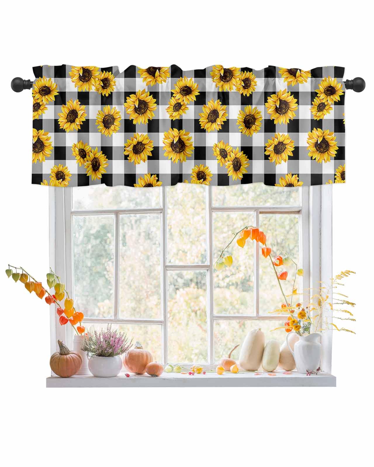 Sunflower Window Curtains Valances for Living Room, Kitchen Valances Rod Pocket Curtain Drapery, Fall Summer Buffalo Plaid, Soft&Washable Window Treatment Valances, Black White, 1 Panel, 54x18inch