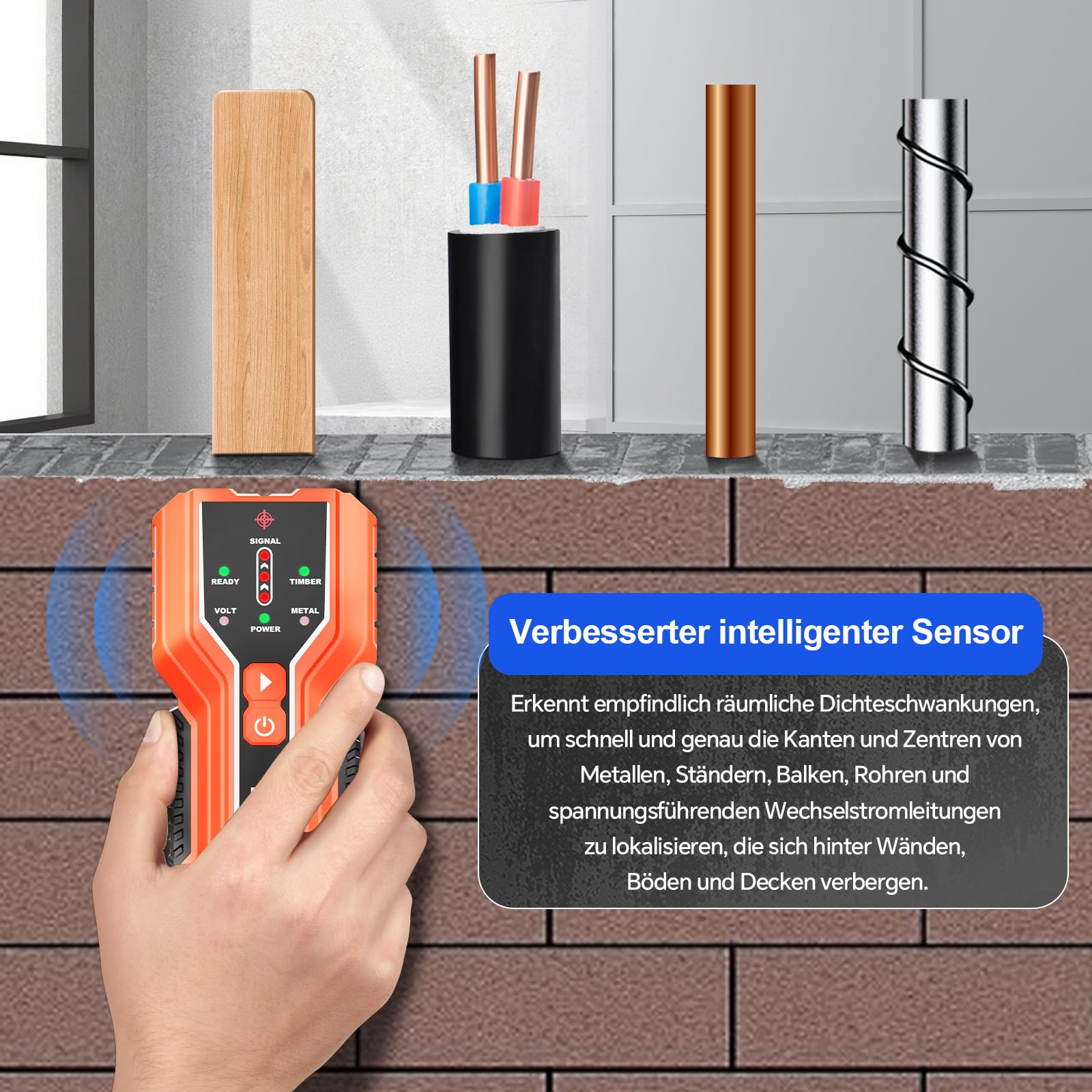NOYAFA Wanddetektor, 3-in-1 Leitungssucher Ortungsgerät mit akustischer Warnung, Bolzensucher zur Erkennung von Holz, Metall, Rohren & stromführenden Leitungen – inkl. Batterie