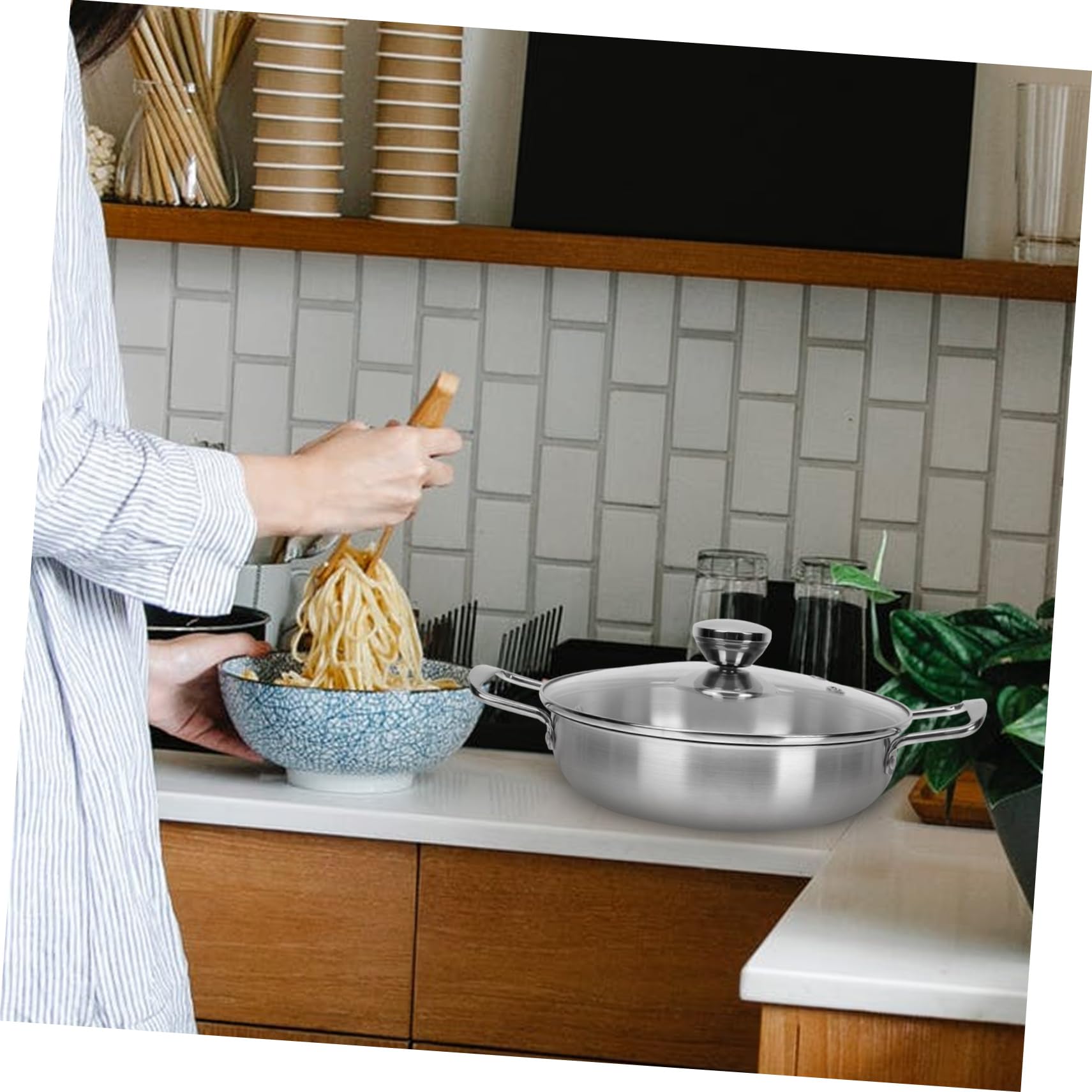 Pentola Ramen in Acciaio Inox a Fondo Piatto con Coperchio